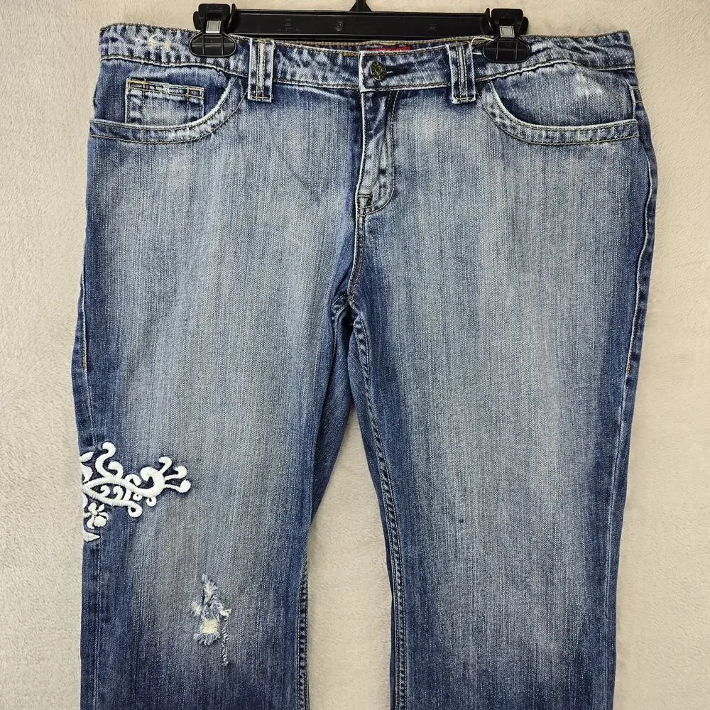 Vtg Guess USA Jeans Womens 34 Blue (Fits 38x30) Crochet Embroidered Distressed